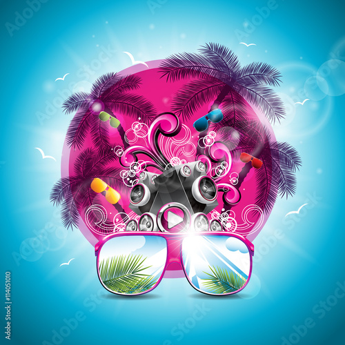 Vector Summer Holiday illustration on a Music and Party theme with speakers and sunglasses on blue background.