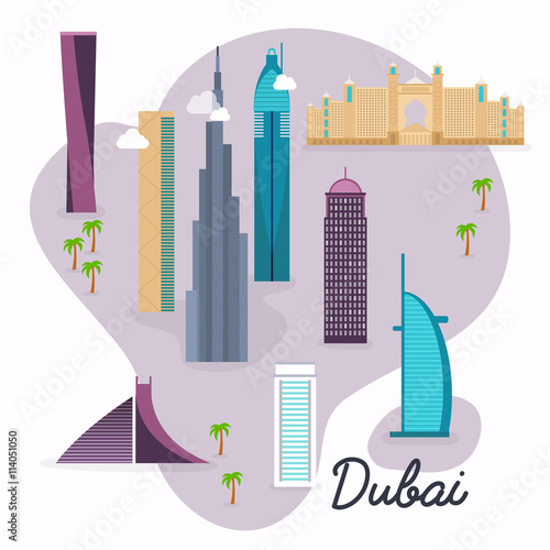 Dubai. Travel map and vector landscape of buildings and famous l