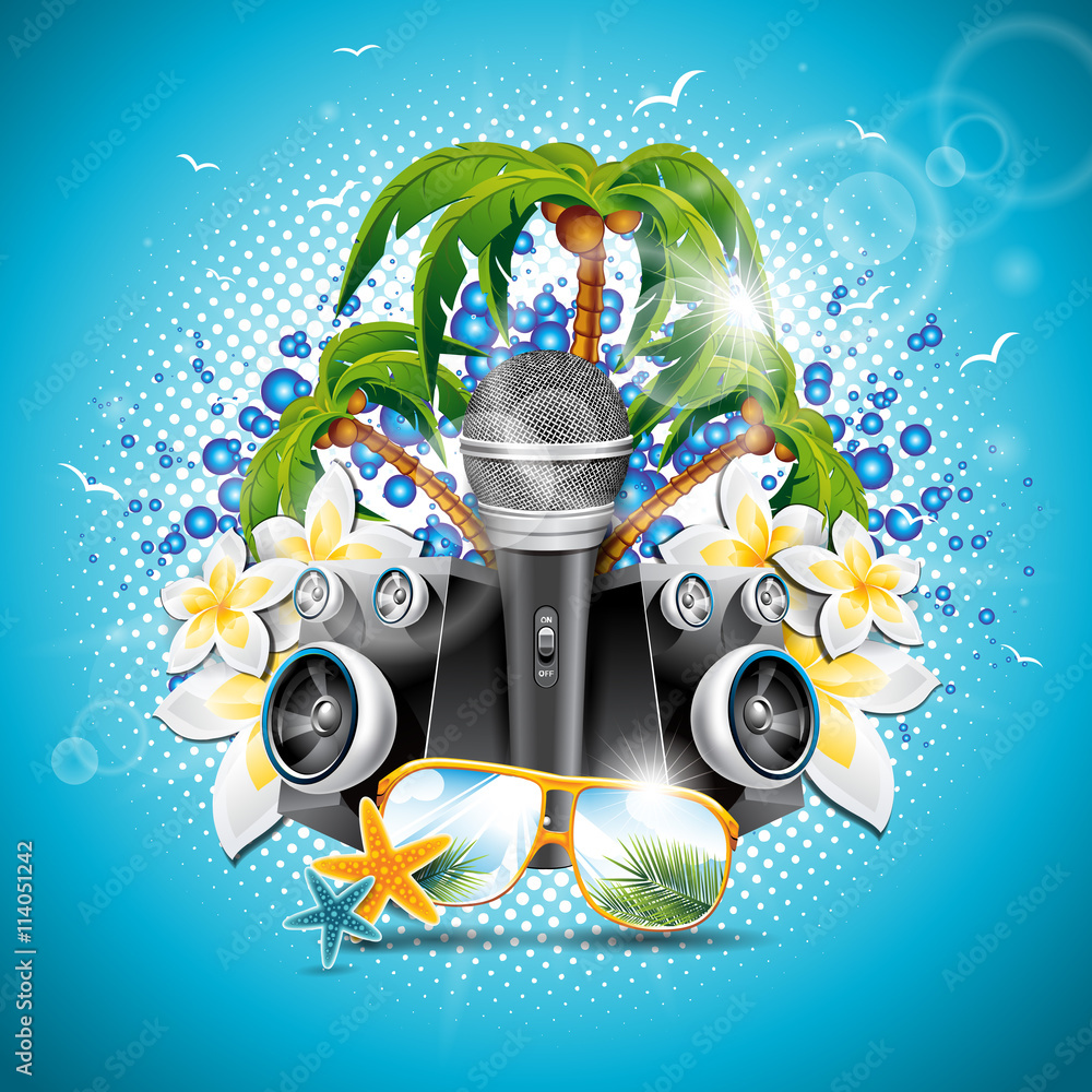 Vector Summer Holiday illustration on a Music and Party theme with speakers and sunglasses on blue background. - obrazy, fototapety, plakaty 