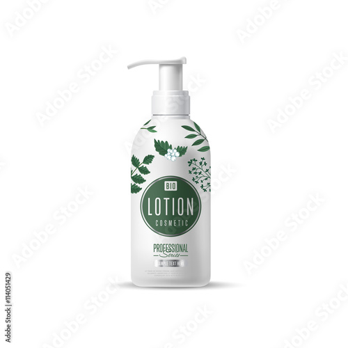 Organic cosmetic brand of lotion vector packaging template, body care product. Realistic bottle mock up isolated on white background.