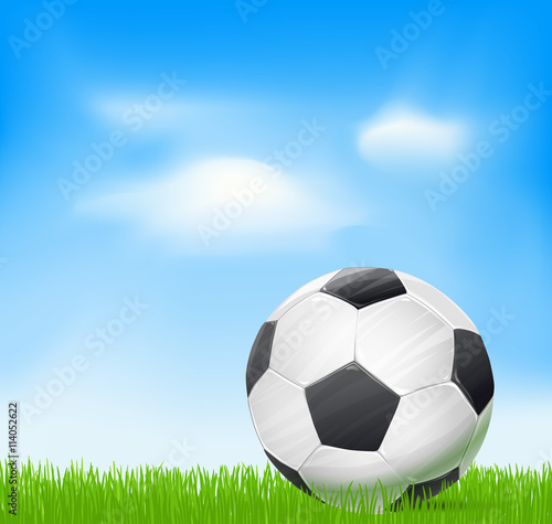 soccer ball on grass over sky with clouds background. football t