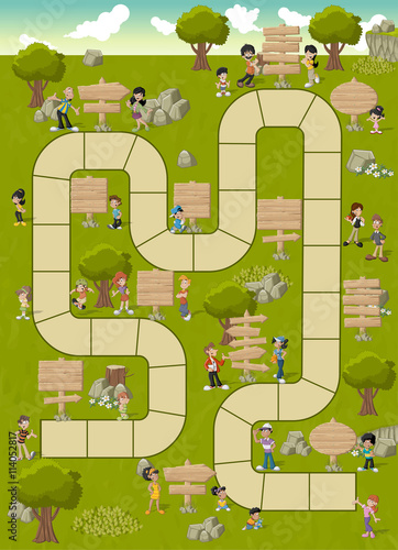 Board game with a block path on a green park with happy cartoon people and wooden sign boards
