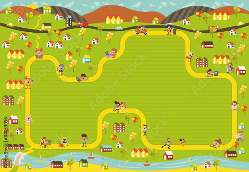 Board game with a block path in the city with happy cartoon people

