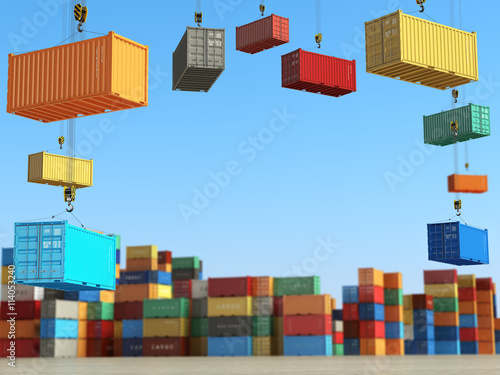 Cargo containers in storage area with forklifts. Delivery  or sh photo