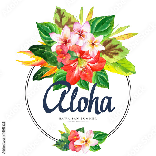 Illustration with realistic watercolor flowers. Aloha.