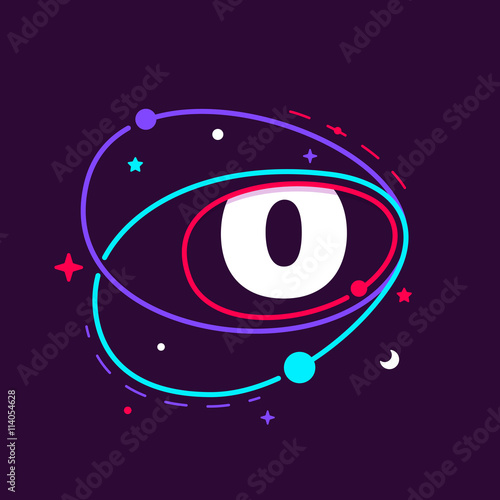 Letter O logo in space orbits, stars and and planets.