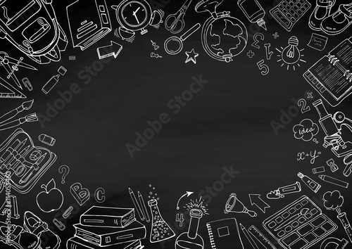 Back to school hand-drawn doodles blackboard background.