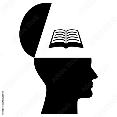 Illustration: Bücherwissen in den Kopf bekommen – schwarz-weiß / Vektor / freigestellt