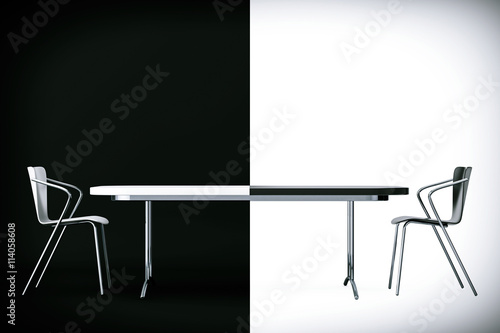 Obraz na plátne Confrontation Concept. Black and White Chairs and Desk. 3d Rende