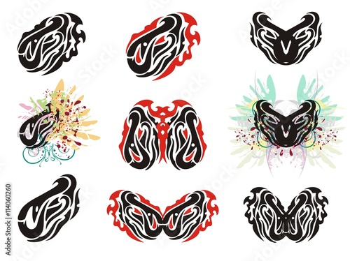 Tribal eye in the fish form and grunge eyes. An eye and butterflies in Haida Style Tattoo, colorful feathers splashes of an eye in the form of fish with blood drops, other symbols for your design