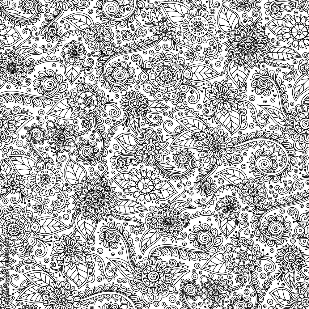 Black and white seamless hand drawn pattern with abstract flowers.