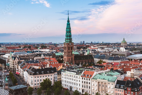 Panoramic view of evening Copenhagen roofs