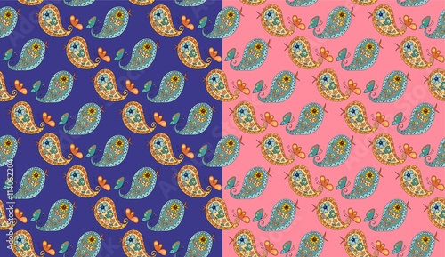 Seamless pattern with ornament of cute paisley birds. Vector illustration