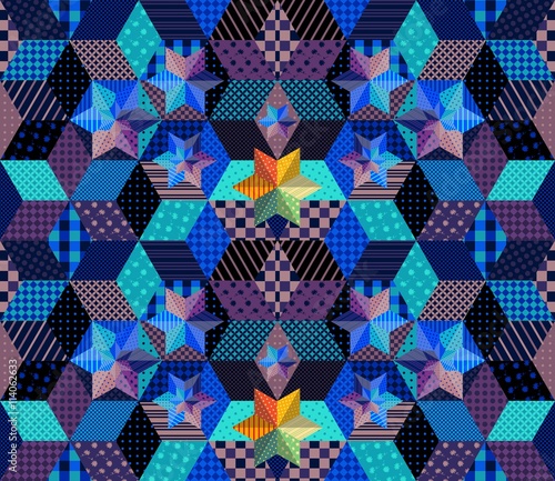 Seamless patchwork pattern with bright stars. Mysterious starry night. Beautiful vector illustration of quilt.