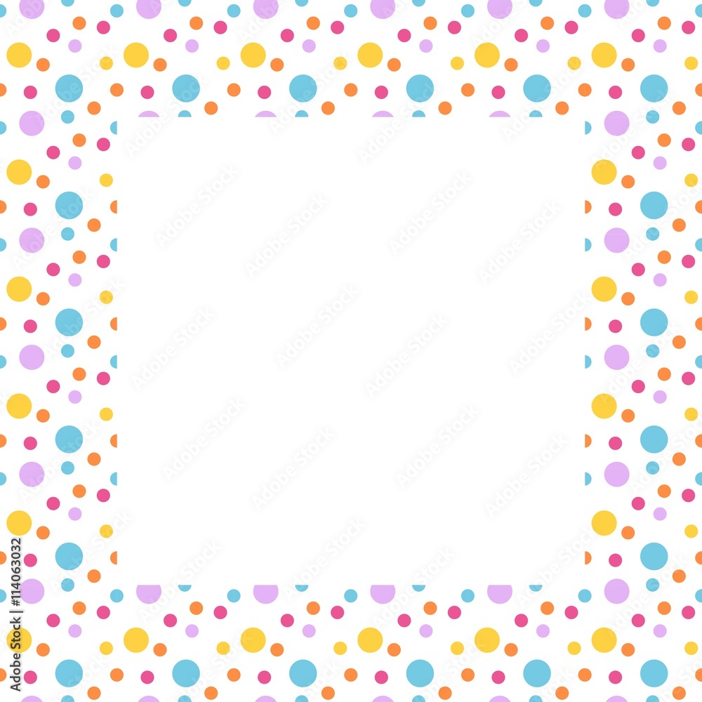 Colorful polka dot frame. Vector background.