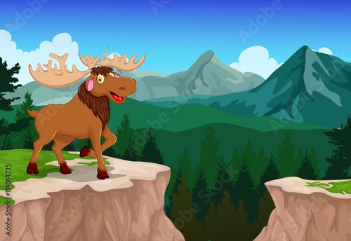 funny moose cartoon with mountain cliff landscape background