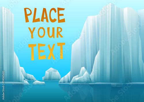 Illustration of a polar landscape with icebergs or iced shores. Vector.