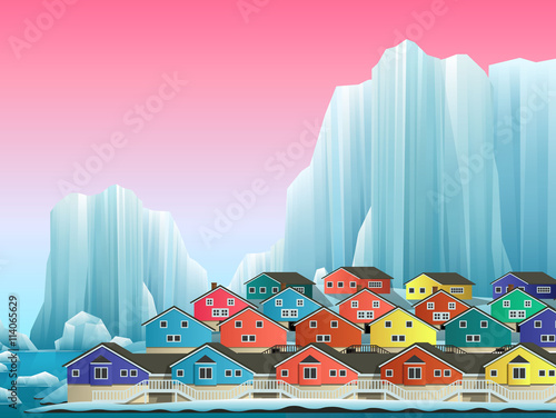 Illustration of arctic greenland town with bright houses. Vector winter landscape.