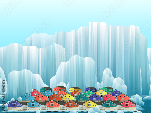 Parallax background of arctic greenland town with bright houses. Vector winter landscape.