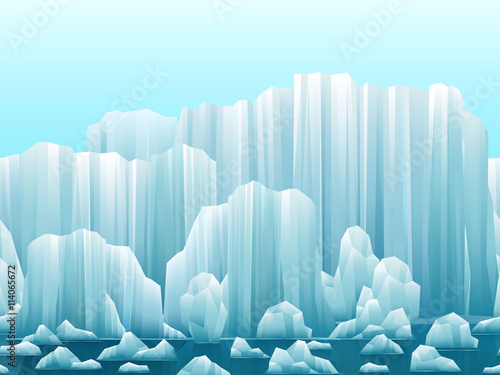 Parallax background of icebergs and sea. Vector illustration. Arctic or antarctic landscape.