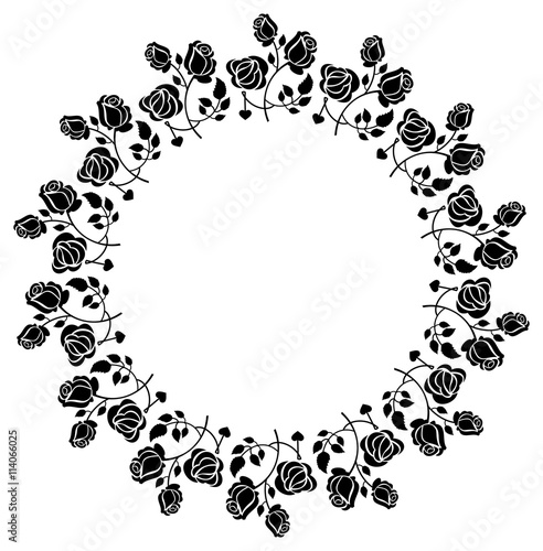 Round black and white frame with roses silhouettes. Vector clip art.