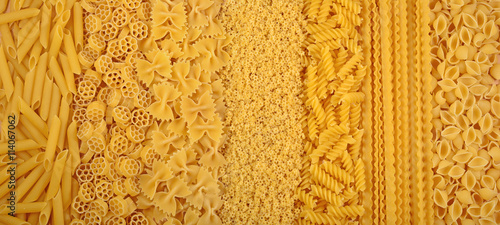 Assortment of uncooked Italian pasta as background