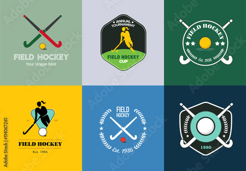 Field hockey logo set. Vector sport badges with woman silhouette, stick and hockey ball.