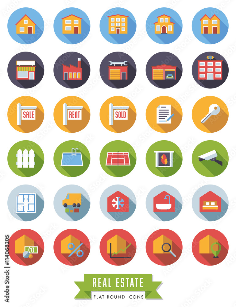 Real estate flat design long shadow round icons set