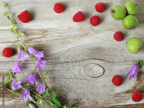 Decorative border, frame or background with summer colorful fruits and flowers on wooden plank. Natural decoration with red raspberries, green apples and violet bells flowers on wooden background.