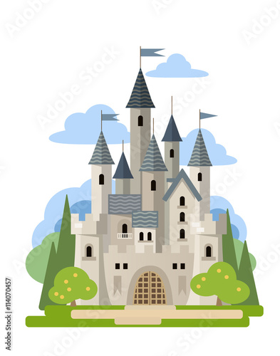 Light stone castle among the trees.  Vector flat illustration.