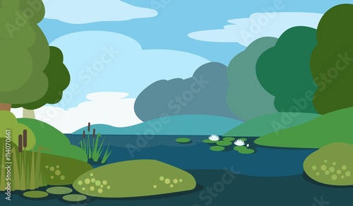 Peaceful morning lake. Vector illustration.