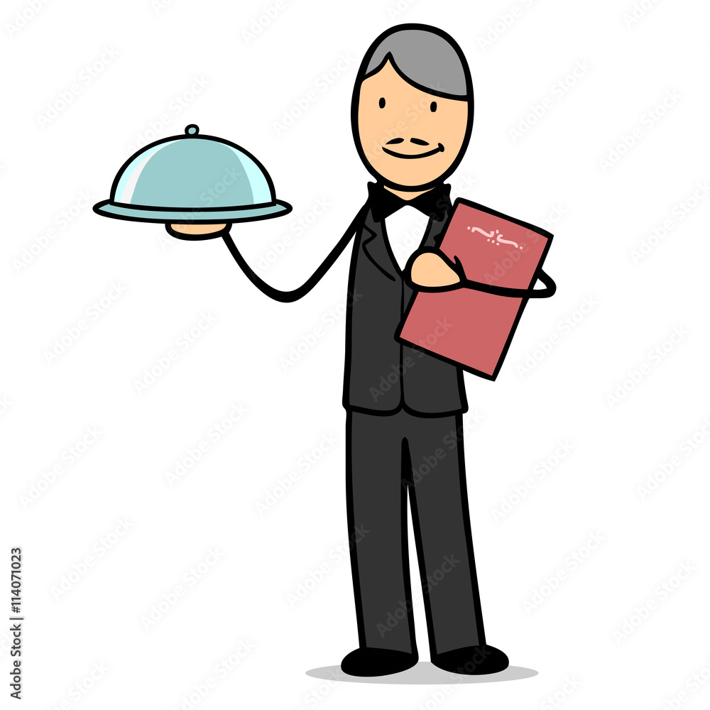 Cartoon Mann als Kellner mit Speisekarte