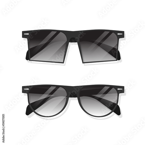 Sunglasses isolated vector illustration, collection of flat black modern sunglasses with transparent reflection