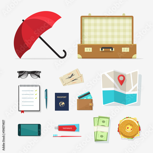 Set of travel things vector icons, required baggage items to travel with, travel packing, planning summer vacation, tourism and journey adventure flat cartoon objects isolated on white background