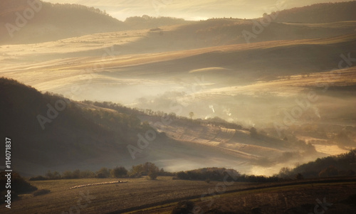 fog at sunrise landscape