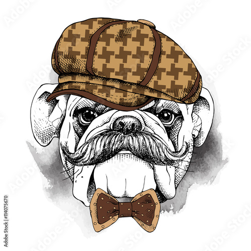 The poster with the image of the dog Bulldog with a mustache in the cap and bow. Vector illustration.