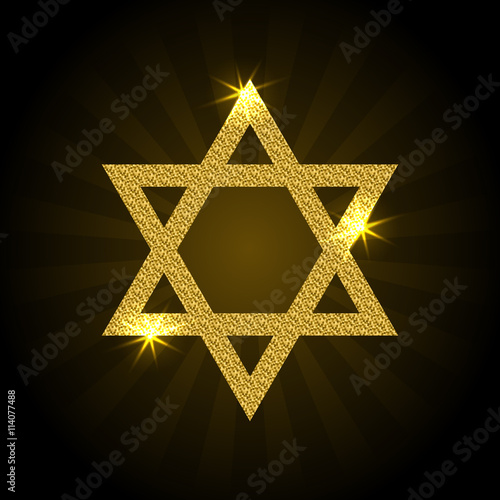 Vector illustration of golden Magen David with rays and sparkle. Star of David on a black background