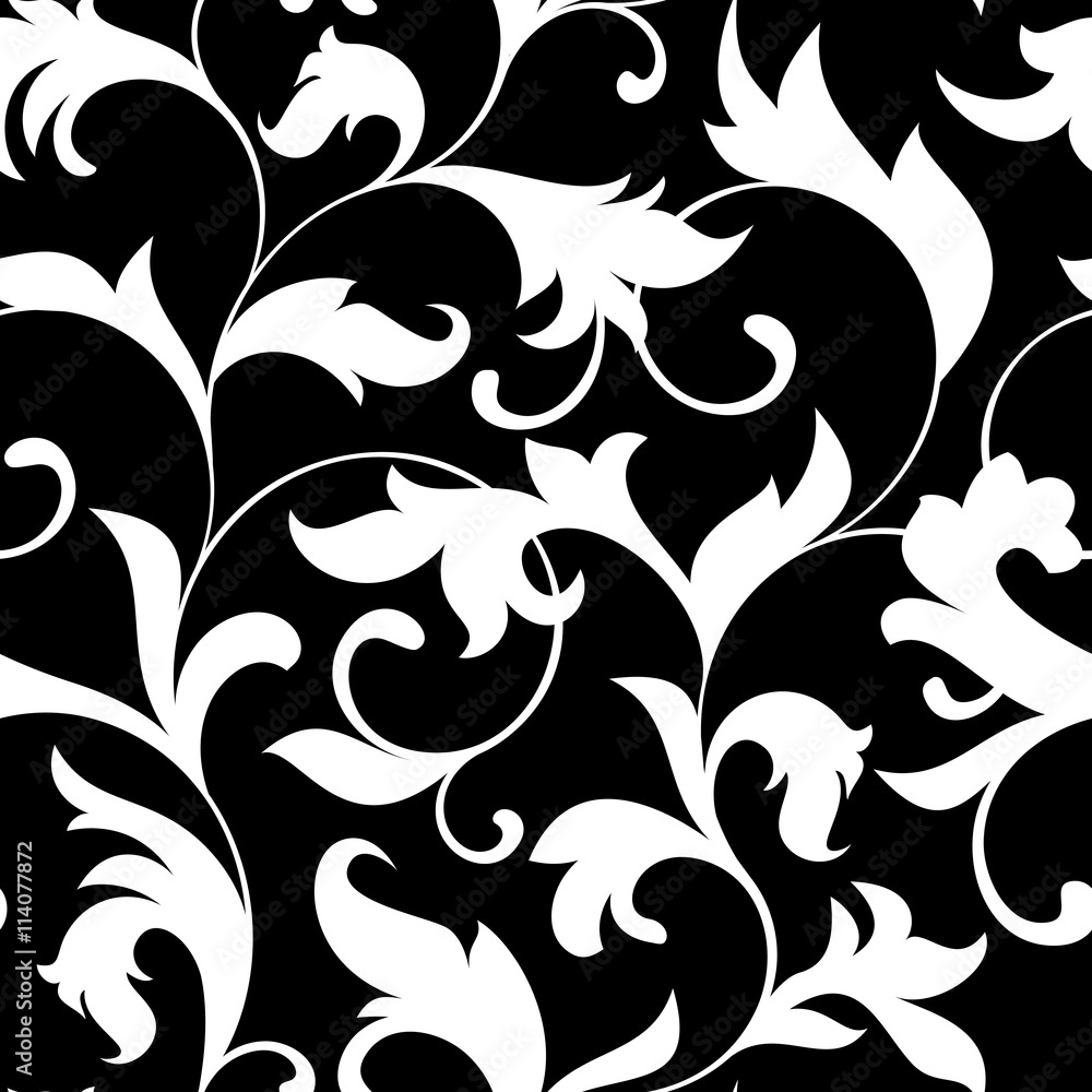 Classic seamless pattern. Tracery of twisted stalks with decorative leaves on a black background. Vintage style Classic seamless pattern. Tracery of twisted stalks with decorative leaves on a black background. Vintage style