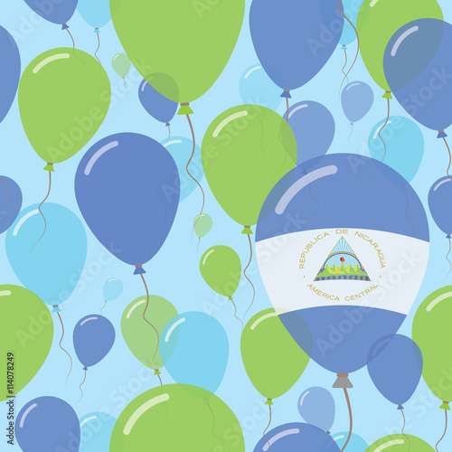 Nicaragua National Day Flat Seamless Pattern. Flying Celebration Balloons in Colors of Nicaraguan Flag. Happy Independence Day Background with Flags and Balloons.