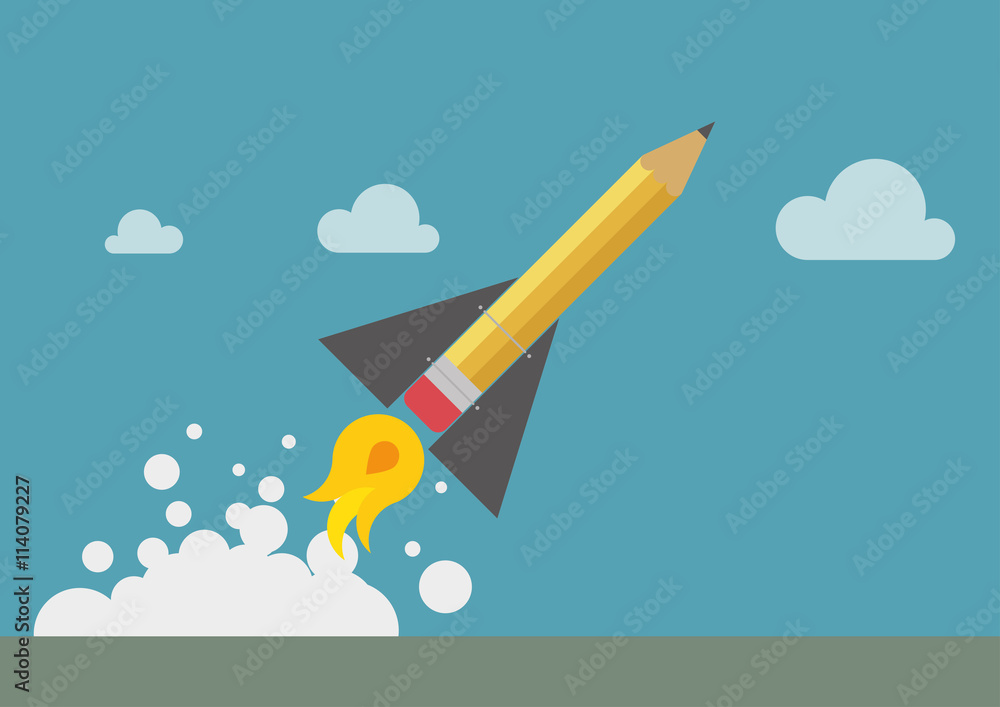 Pencil rocket in yellow with smoke and launch ground Pencil rocket in yellow with smoke and launch ground