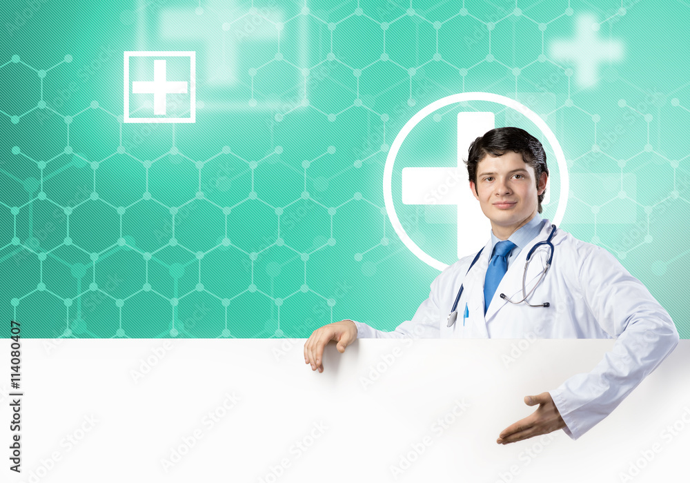 Doctor with banner Doctor with banner