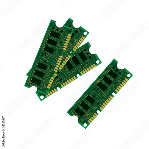 Vector illustration set electric circuit board, various IC chips and electronic components. Green RAM memory chip on white background. Circuit board isolated