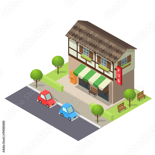 Vector isometric icon or infographic element representing old pub bar building on the street with cars and trees