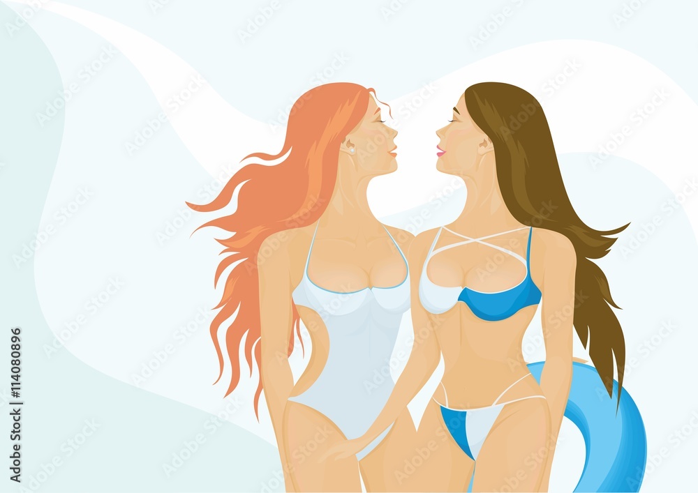 Red-haired and dark-haired girl in the sea. This is vector illustration of beautiful girl in athletic swimsuit summer. Red-haired and dark-haired girl in the sea. This is vector illustration of beautiful girl in athletic swimsuit summer.