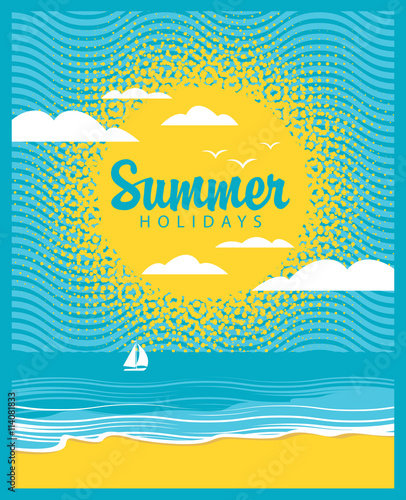 Travel banner with the sea  sun  beach and the word summer time