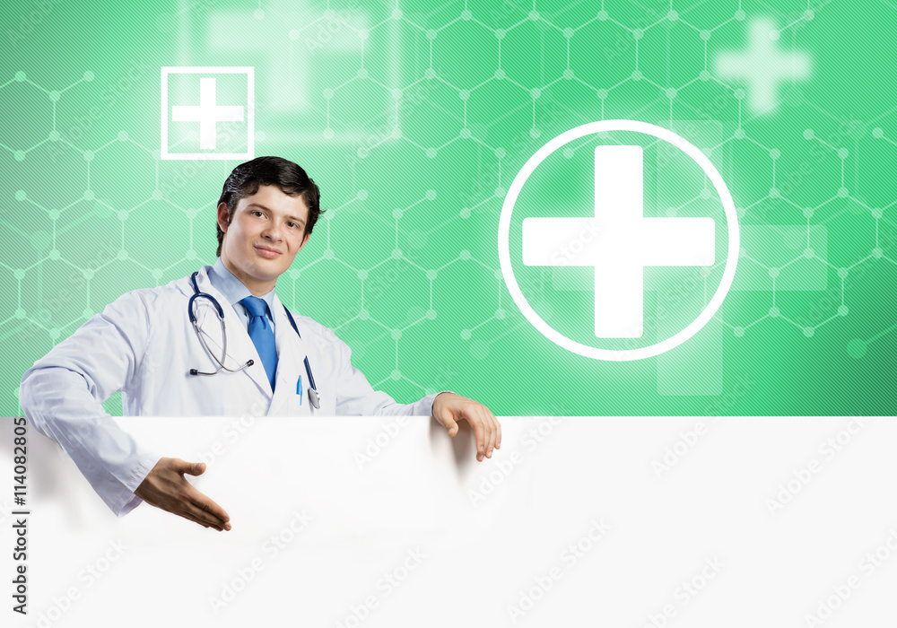 Doctor with banner Doctor with banner