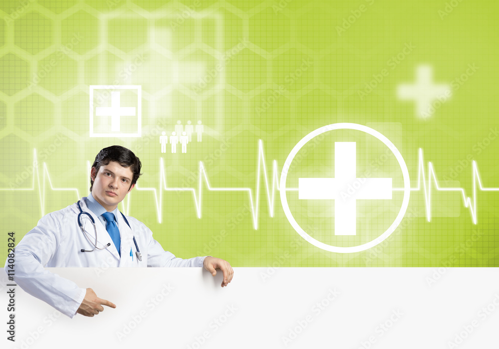 Doctor with banner Doctor with banner