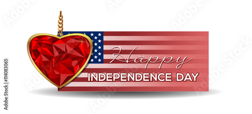 Independence Day banner. Heart shaped gemstone set in gold. Jewel in the shape of a heart in a gold frame. Diamond heart on the background of a greeting card for Independence Day