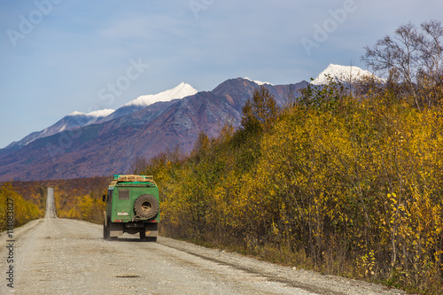 Gravel road from Petropavlovsk-Kamchatsky city to Kozyrevsk village. Kamchatka, Russia.