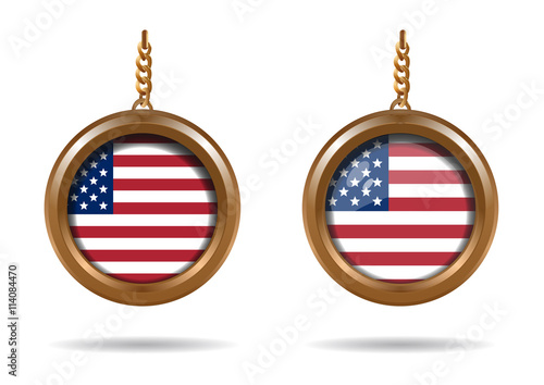 Set round medallion on a chain with an American flag. Flag of the United States of America. US flag. Old Glory. Star-Spangled banner. Vector illustration isolated on white background